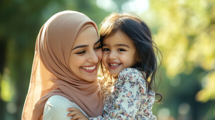 Obraz premium Happy arabic mother having fun with her daughter outdoor.