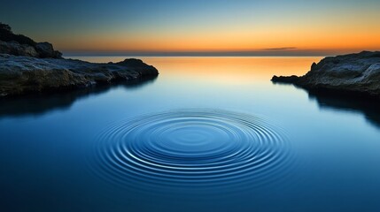 Serene sunset over a tranquil sea with ripple effect, calming nature concept