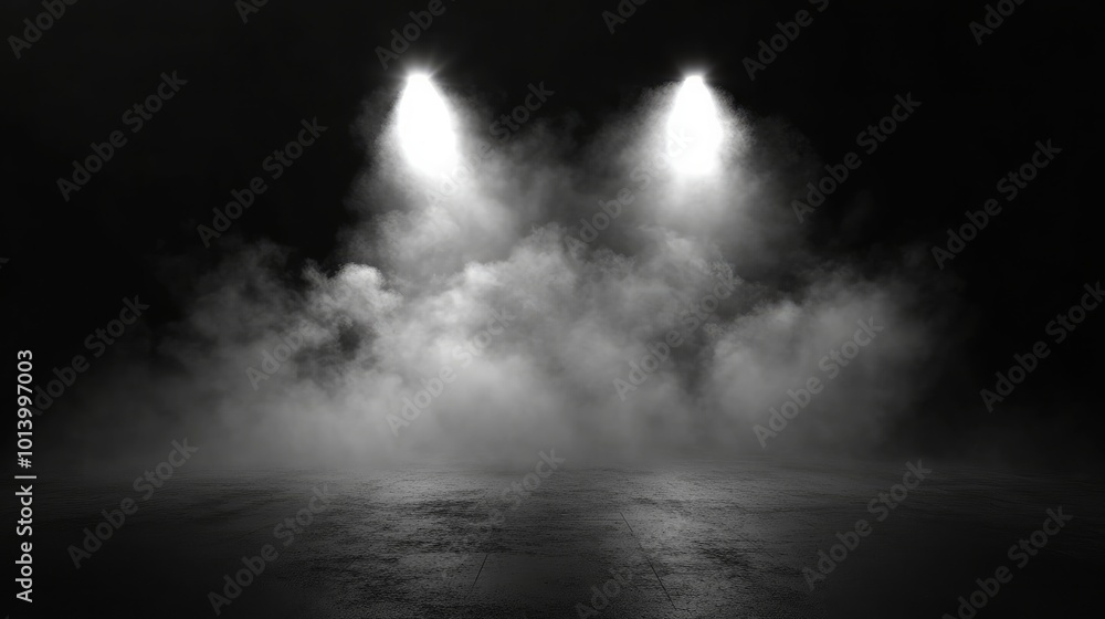 Poster 3d illustration of an empty room with a concrete floor illuminated by a spotlight features mist or f