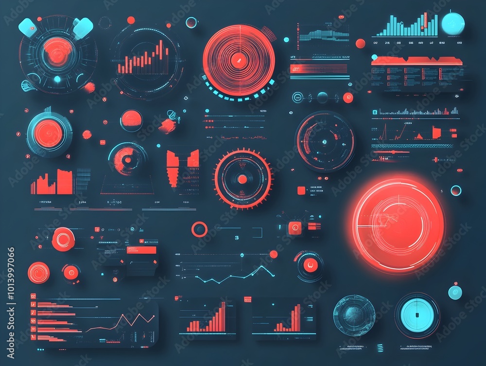 Poster futuristic digital interface showcasing layered data visualizations overlapping screens and panels a