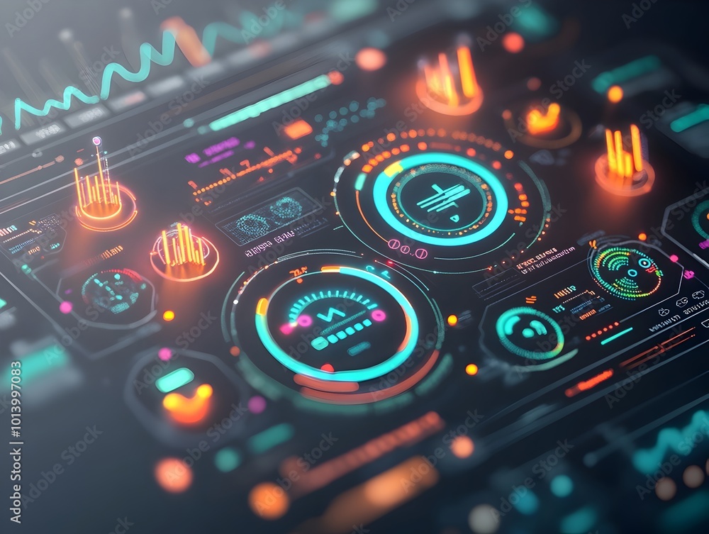 Poster layered digital interface with futuristic data visualizations overlapping screens and panels advance
