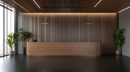 Fototapeta premium Modern lobby interior with a long wooden reception desk, polished dark floor, and vertical wooden slats on the wall, complemented by a light background