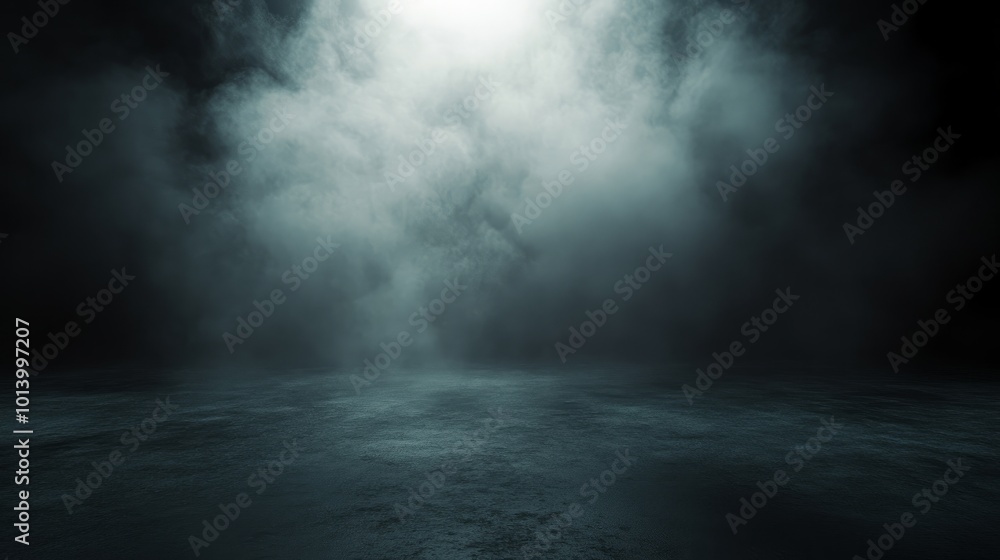 Poster 3d illustration of an empty room with a concrete floor illuminated by a spotlight features mist or f