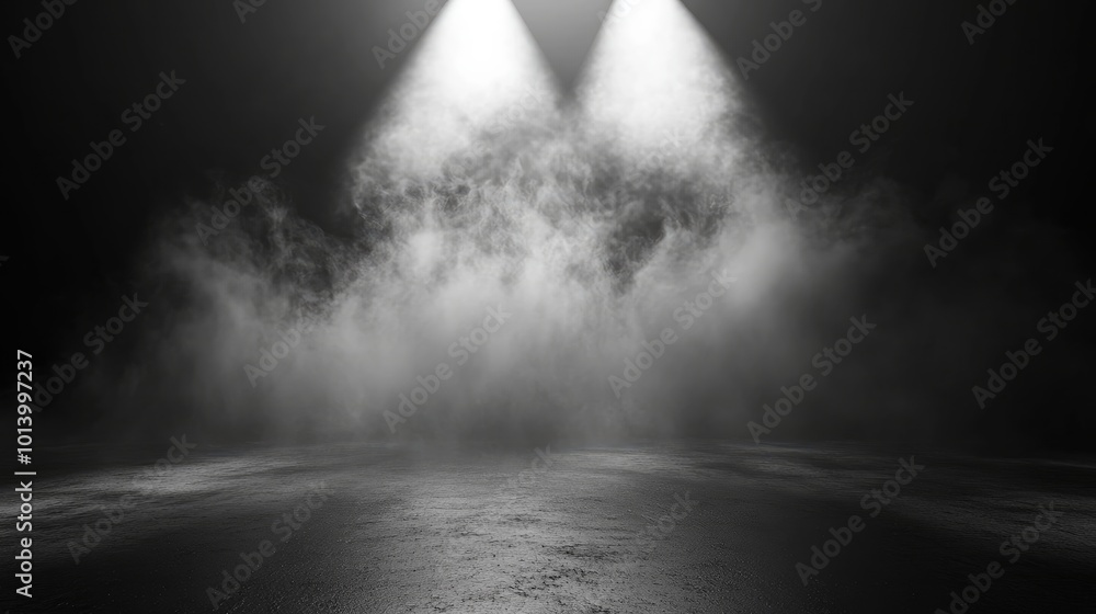 Poster 3d illustration of an empty room with a concrete floor illuminated by a spotlight features mist or f