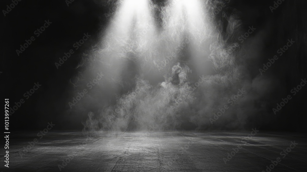 Poster 3d illustration of an empty room with a concrete floor illuminated by a spotlight features mist or f