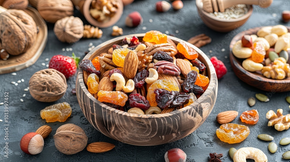 Poster a healthy energy snack featuring a mix of dried fruits and nuts displayed in a wooden bowl on a rust