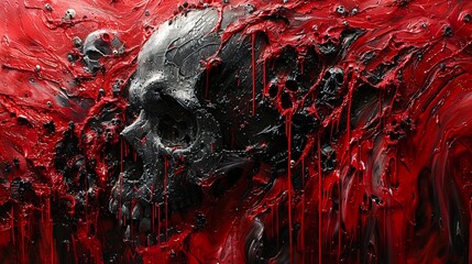 Abstract Skull Painting: Red and Black Dripping Art