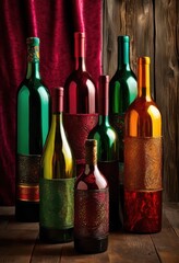 colorful selection vibrant wine bottles displayed richly textured backgrounds emphasizing unique designs captivating hues, art, aesthetic, beauty, bouquet