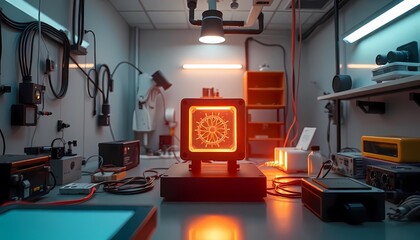 A dimly lit lab with a glowing red device in the foreground and a scientist observing it in the background