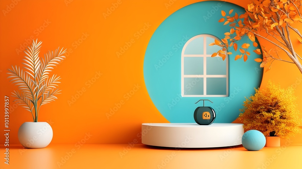 Poster minimalist 3d studio room with an orange gradient background empty floor and wall product podium dis