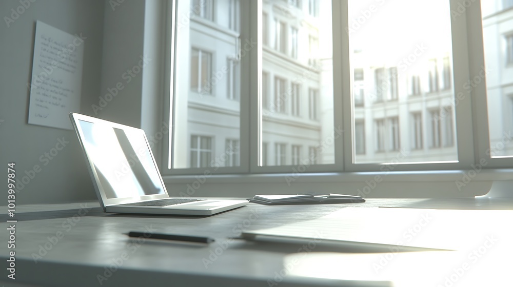 Aufkleber a laptop, notepad, pen and smartphone sit on a desk in front of a large window with a city view.