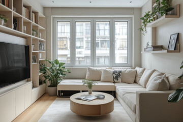 Fototapeta premium Modern cozy living room with beige sectional sofa, wall shelves, indoor plants, and large windows offering a bright and inviting atmosphere