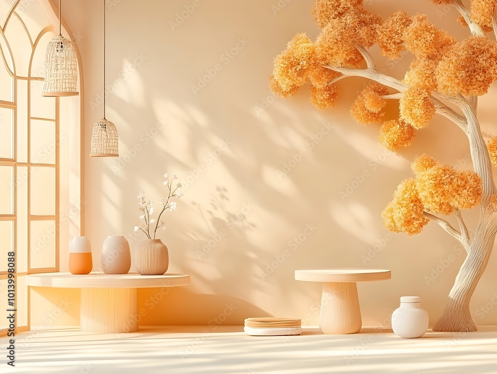 Poster minimalist 3d product photography studio with a tan backdrop clean empty wall and counter surfaces s