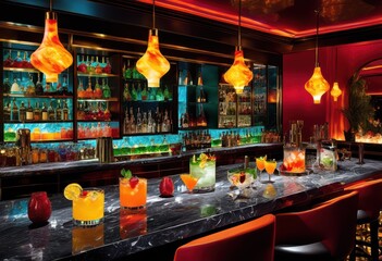 Obraz premium stunning display vibrant ice cold cocktails bar countertop showcasing colorful mixology masterpieces refreshing ingredients unique glassware, drink, beverage