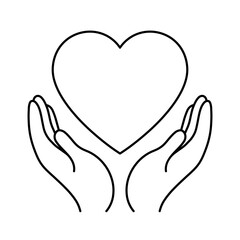 Charity icon, outline drawing of hands holding a heart. Donation, support, compassion concept