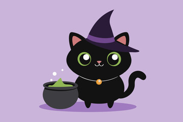 Halloween cat witch. Black kitten in high witchs hat sitting next to cauldron, preparing potion. Magic, sorcery and fantasy. Autumn and international holiday of fear. Cartoon flat vector illustration