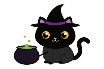 Halloween cat witch. Black kitten in high witchs hat sitting next to cauldron, preparing potion. Magic, sorcery and fantasy. Autumn and international holiday of fear. Cartoon flat vector illustration