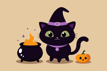 Halloween cat witch. Black kitten in high witchs hat sitting next to cauldron, preparing potion. Magic, sorcery and fantasy. Autumn and international holiday of fear. Cartoon flat vector illustration