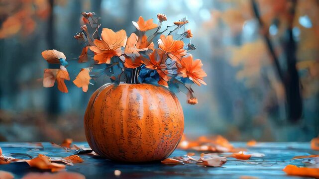 A vibrant orange pumpkin on a wet ground during autumn, surrounded by falling leaves and raindrops. Capturing the essence of the fall season with a cozy, rainy atmosphere