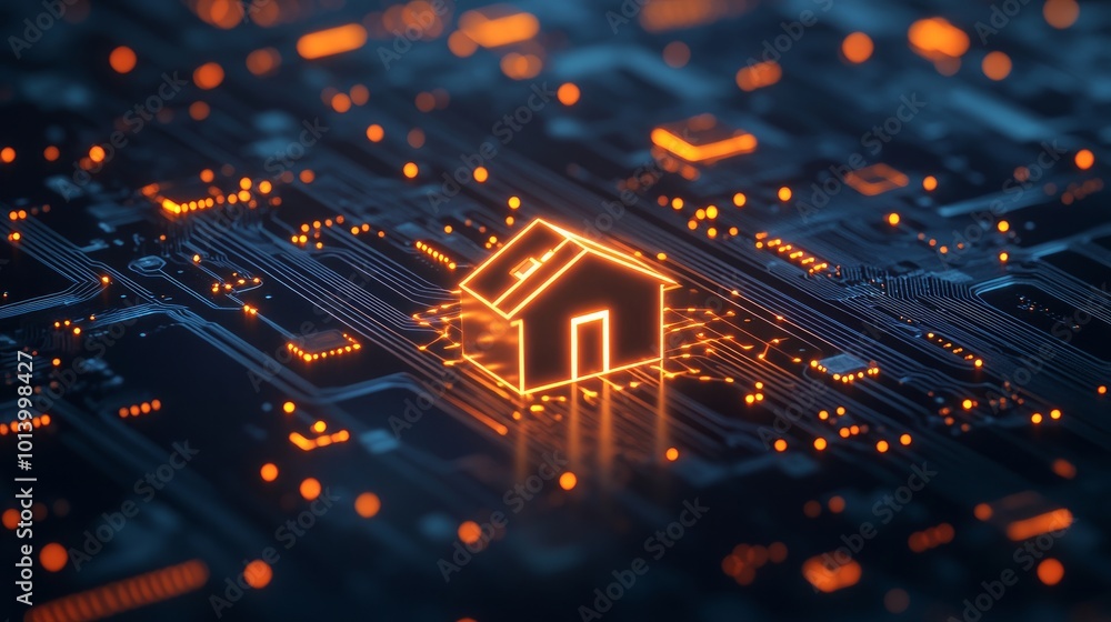 Poster glowing digital home icon surrounded by circuit lines representing smart system management and iot t