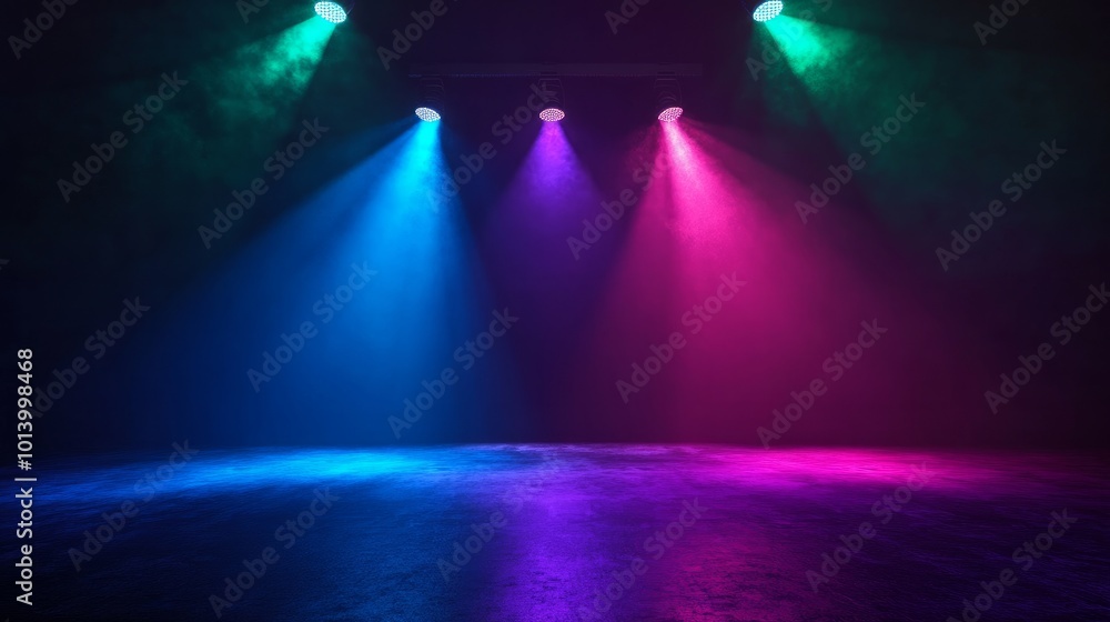Poster glowing spotlights in a realistic 3d render features shining green blue and violet beams on the floo