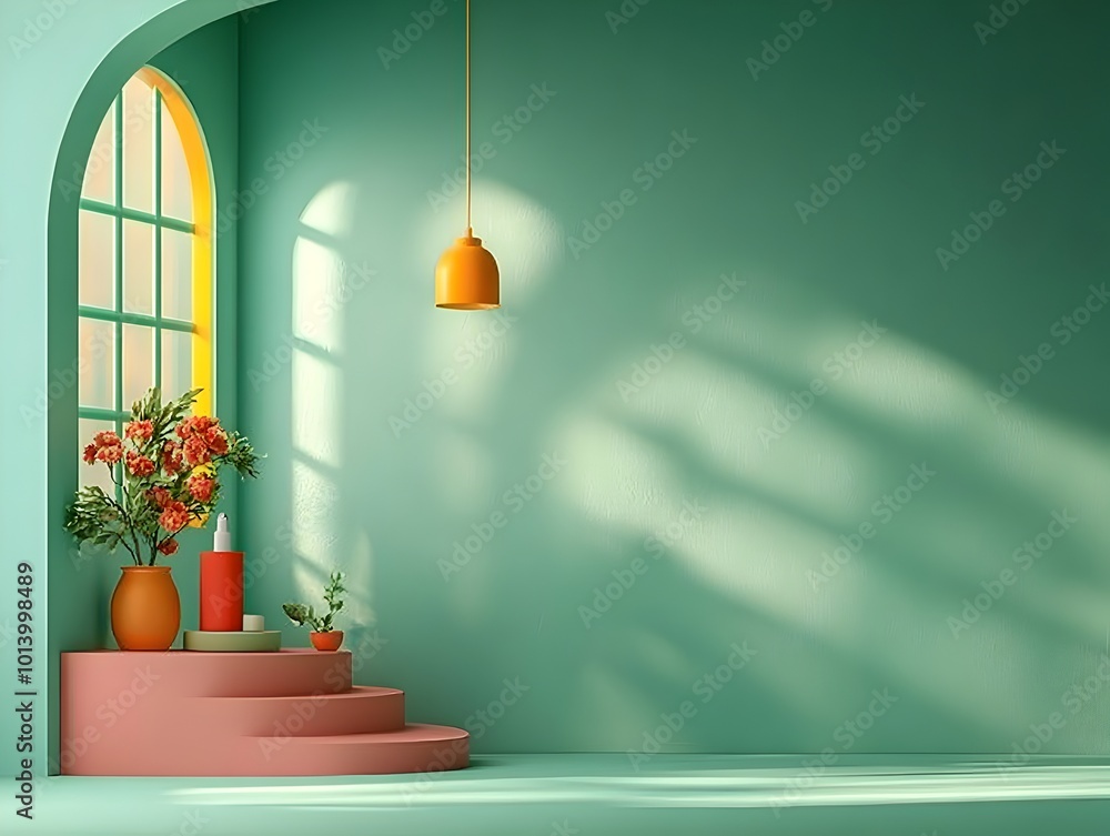 Poster moody teal 3d studio room with empty floor and wall product podium and soft shadow overlay from the 