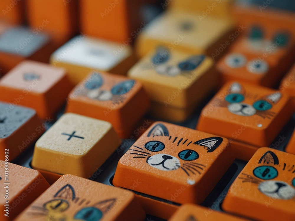 Poster a close-up of a cat on an orange keyboard button, created with ai.