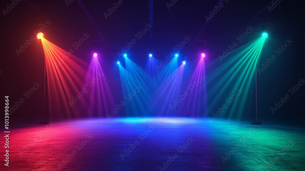 Poster glowing spotlights in a realistic 3d render features shining green blue and violet beams on the floo