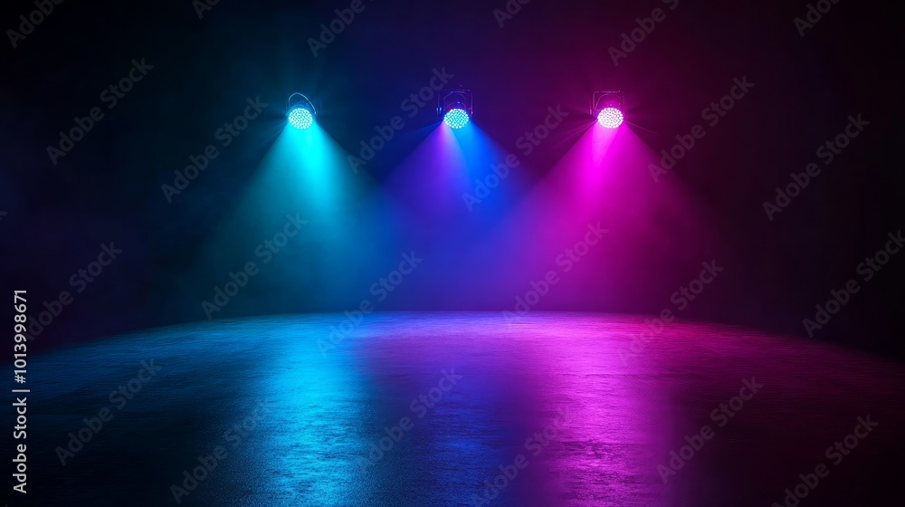 Poster glowing spotlights in a realistic 3d render features shining green blue and violet beams on the floo