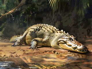 Fototapeta premium Crocodile sunbathing on a riverbank