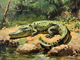 Obraz premium Crocodile sunbathing on a riverbank