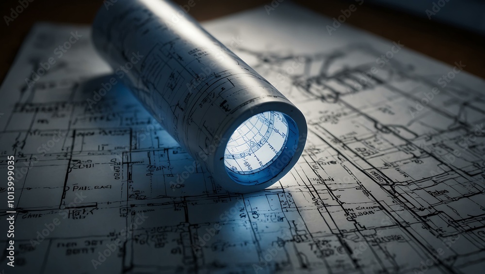 Poster a close-up of architectural blueprints highlighted by backlighting.