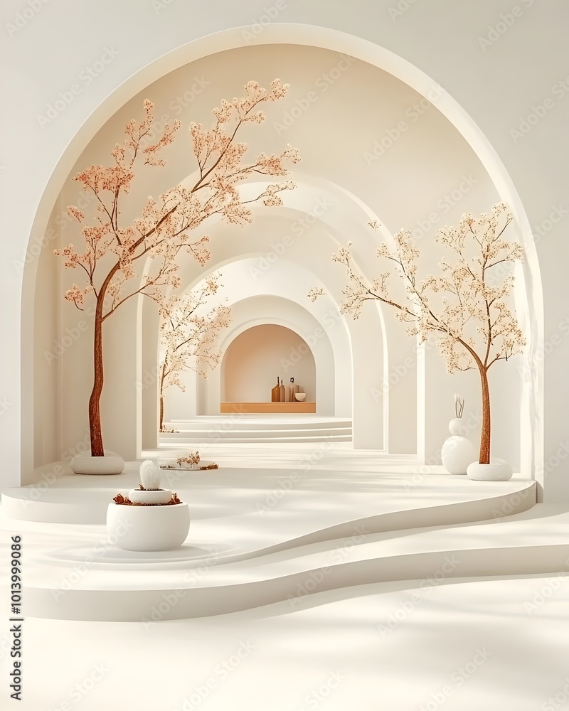 Poster bright and spacious 3d studio scene featuring bare white walls and floors a product stand with natur