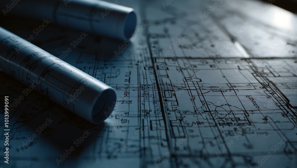 Poster a close-up of architectural blueprints highlighted by backlighting.