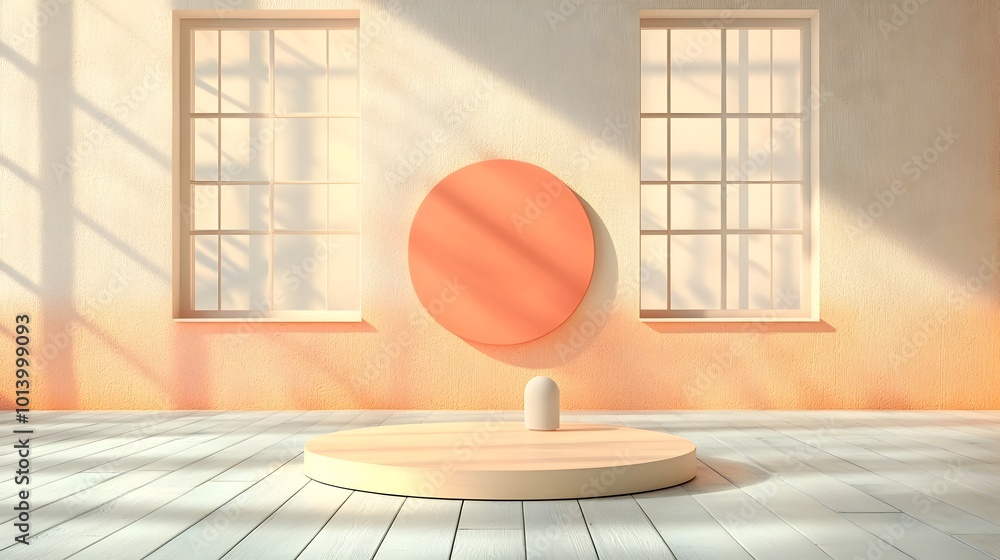 Poster minimalist 3d studio room with wooden panel background empty floor and wall featuring a product podi