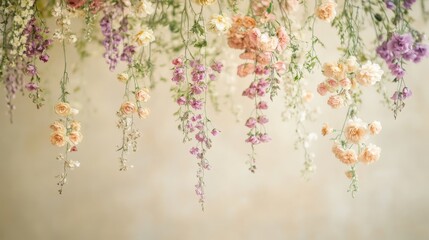 Hanging pastel flowers on a neutral background, delicate floral arrangement. Romantic and serene decor concept