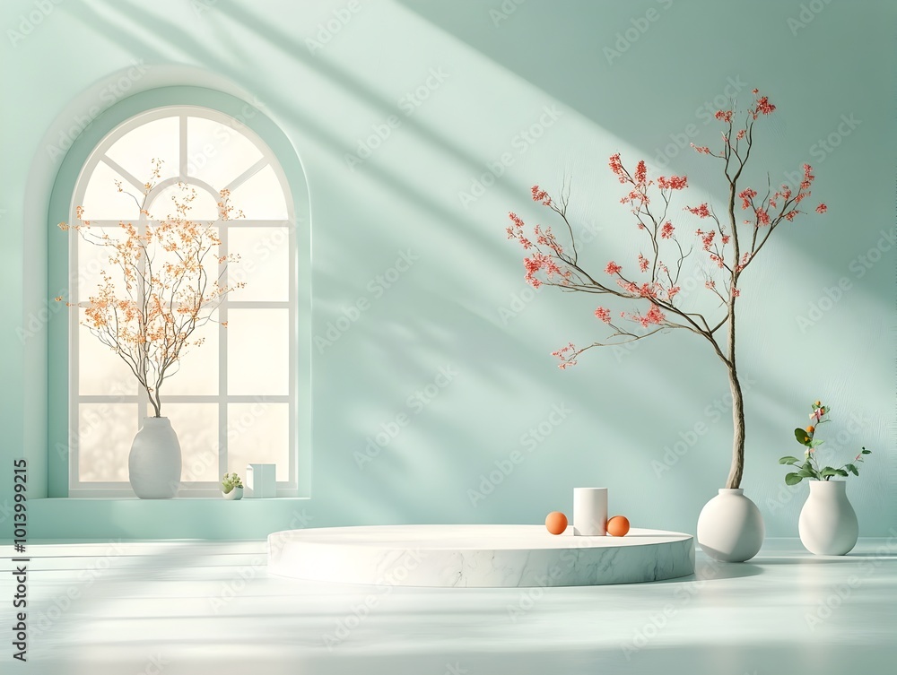 Poster serene and elegant 3d interior studio scene featuring a white marble floor walls and an empty produc