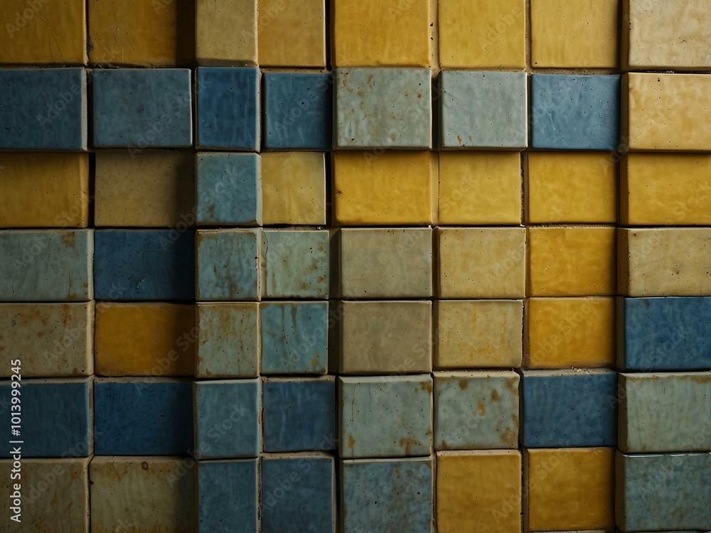 Poster a close-up of textured tiles in yellow and blue arranged in a grid pattern.