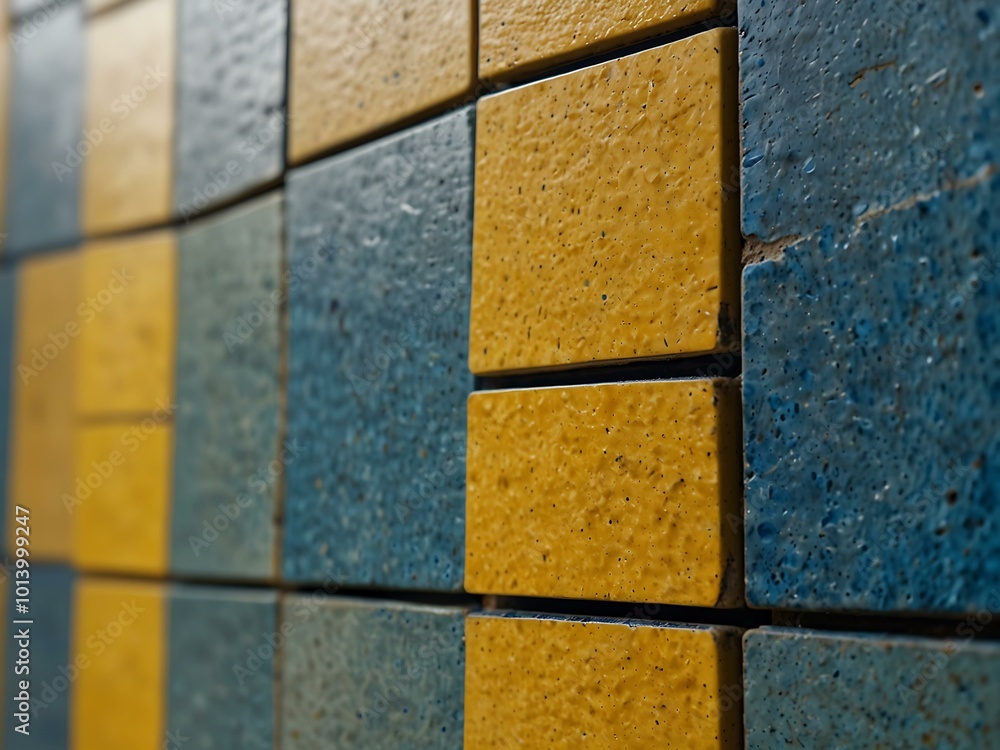 Poster a close-up of textured tiles in yellow and blue arranged in a grid pattern.