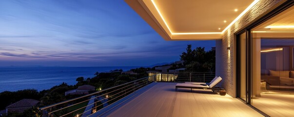 A luxury resort balcony with discrete, recessed lighting in the ceiling that provides a warm, ambient glow for evening relaxation