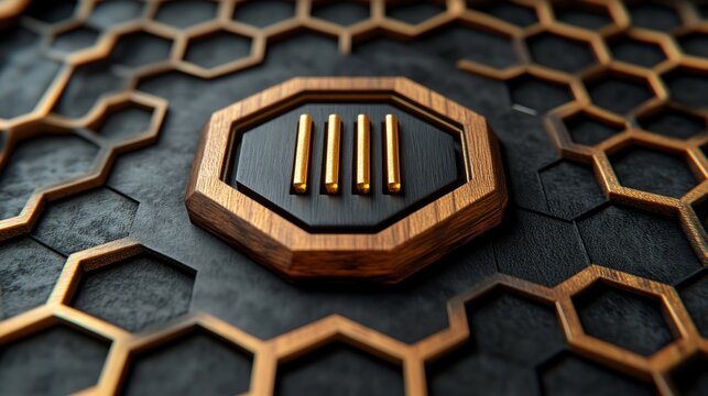 Abstract hexagonal pattern with a wooden octagon featuring four gold bars.