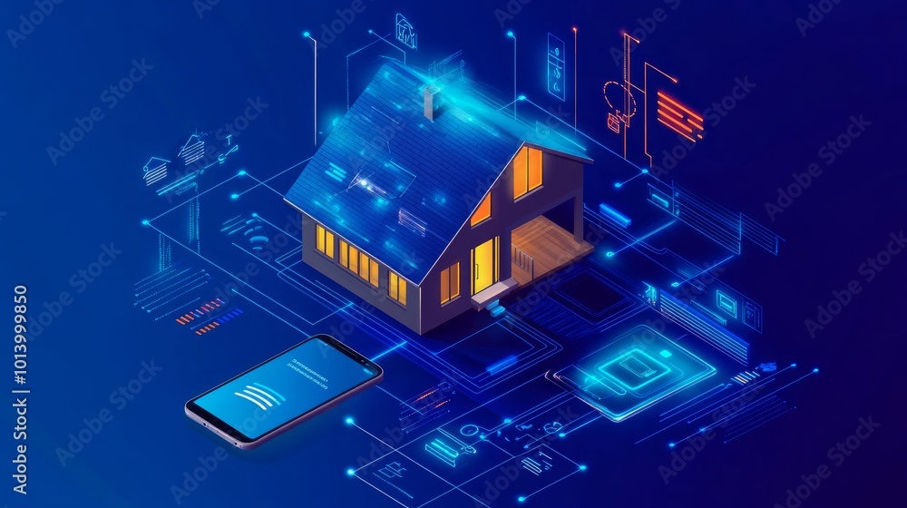 Poster isometric smart home with iot technology a smartphone used for wireless control of household applian