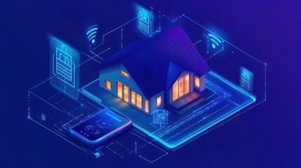 Isometric smart home with IoT technology A smartphone used for wireless control of household appliances through the internet Protection of home infrastructure via IoT design