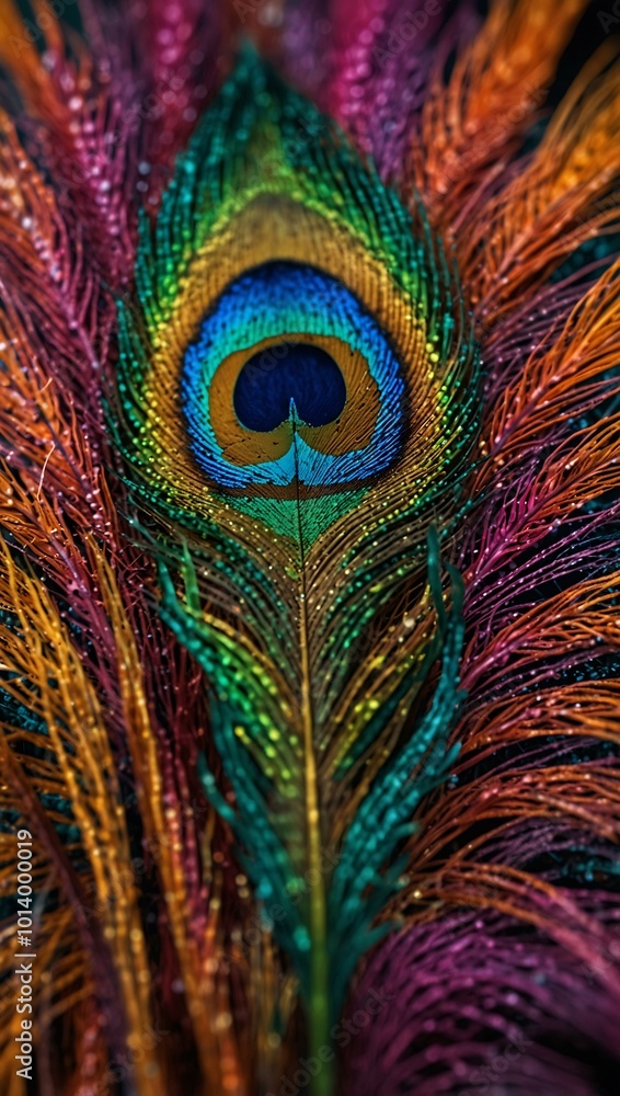 Poster a colorful peacock feather design with vibrant patterns.