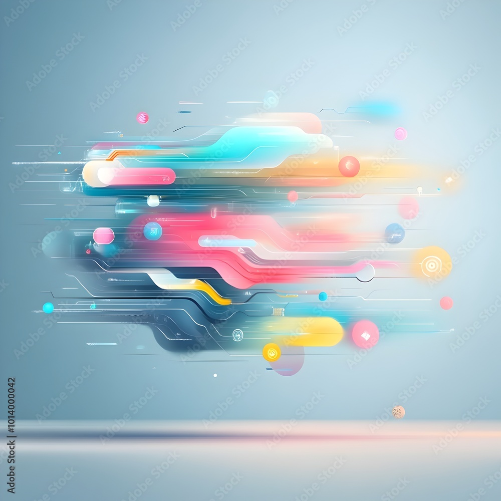 Aufkleber vivid digital landscape with swirling holographic data flows angular neon shapes and abstract techno