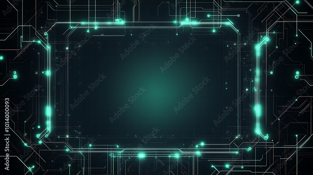 Poster Abstract digital background with glowing green circuit board frame and dark background.