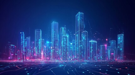 Lowpoly 3D wire mesh of a smart city An intelligent building automation system concept with binary code data flow showcasing technology in urban architecture