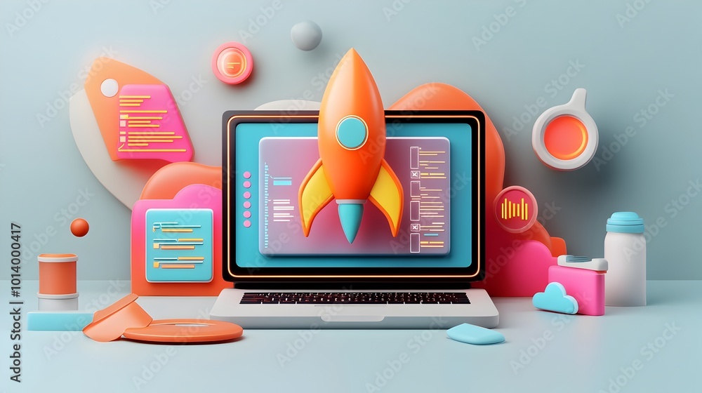 Poster 3d rendered startup imagery featuring a sleek laptop surrounded by a dynamic rocket icon immersive p