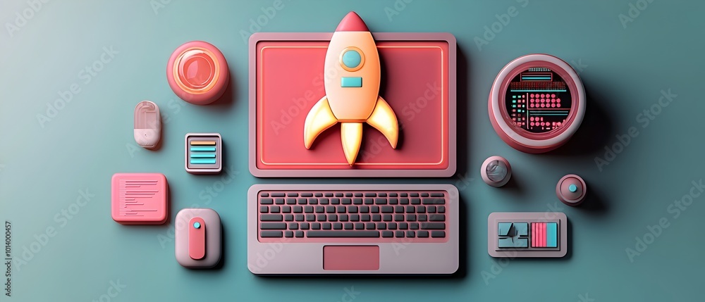 Poster hyper detailed cinematic 3d render showcasing the key components of an innovative startup workspace 