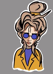 Illustration of a beautiful young woman wearing sunglasses and a coat.